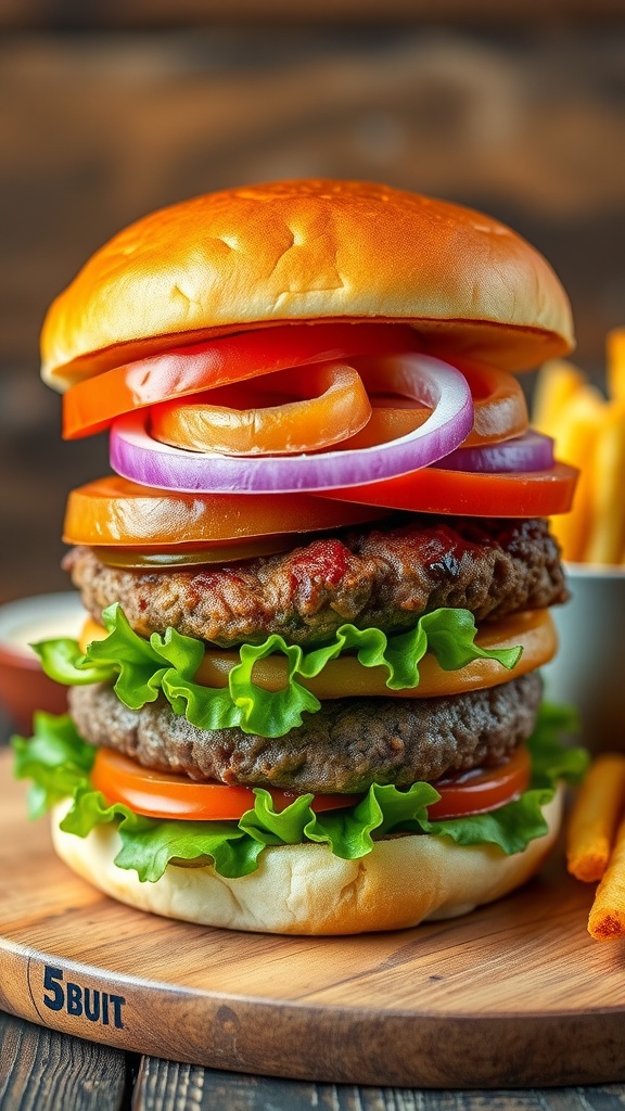 A delicious 5 ribu burger with a beef patty, lettuce, tomato, and onion, served with fries.